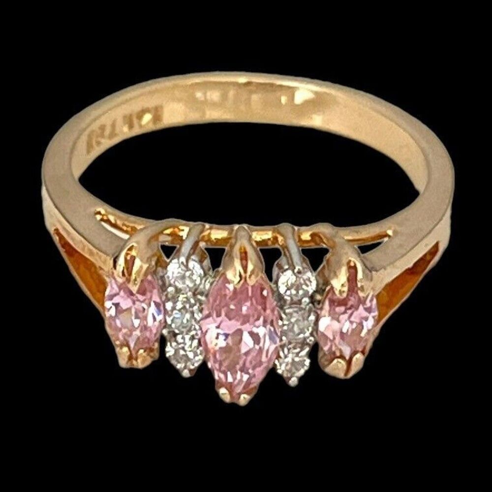 Vintage 1980s Pink CZ Cocktail Ring Size 6 14KTGE Gold Plate - 14D